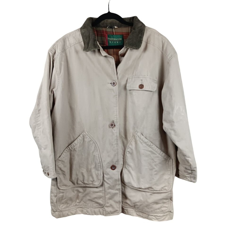 VTG Preston York Sport Mens L‎ Beige Plaid Lined Barn Jacket Corduroy Collar